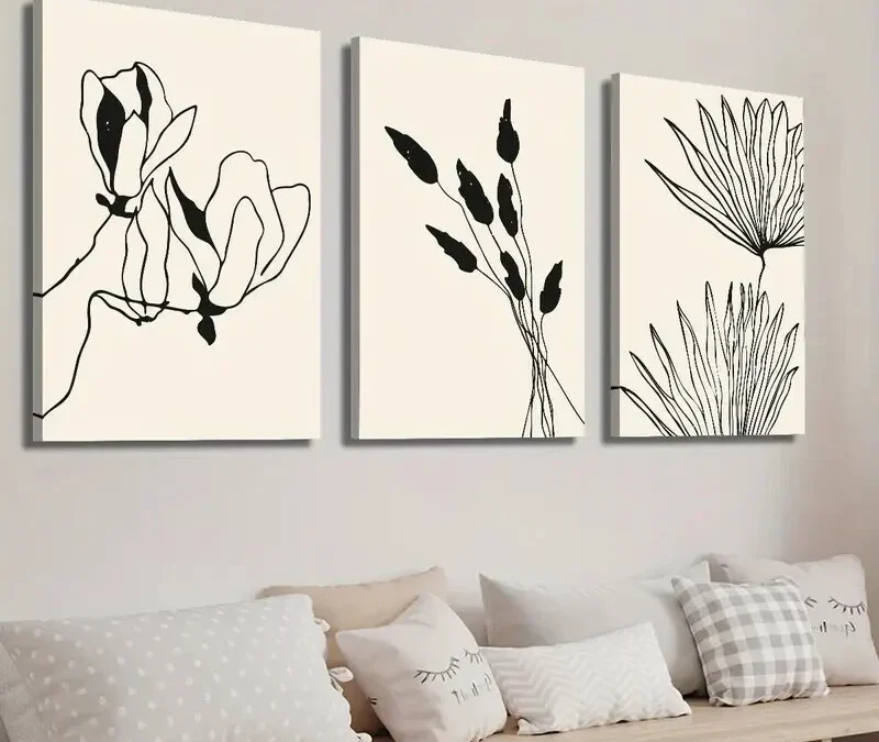 3pcs Abstract Beige and Black Botanical Floral Wall Art Set Canvas Framed 40x60cm – High Quality Print 100% Australian Made Wall Canvas Ready to Hang