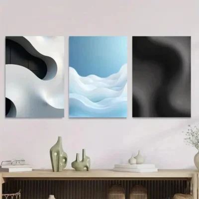 3pcs Modern Abstract Wave Patterns in Black Wall Art Set Canvas Framed 40x60cm - High Quality Print 100% Australian Made Wall Canvas Ready to Hang