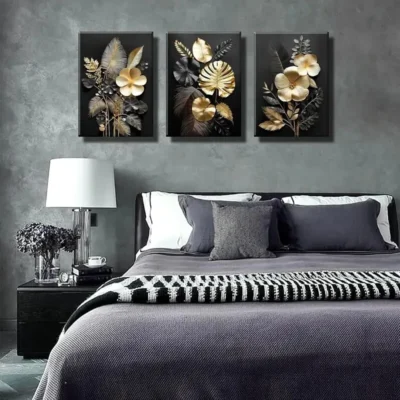 3pcs Set of Black Golden Plant Flowers Wall Art Set Canvas Framed 40x60cm - High Quality Print 100% Australian Made Wall Canvas Ready to Hang