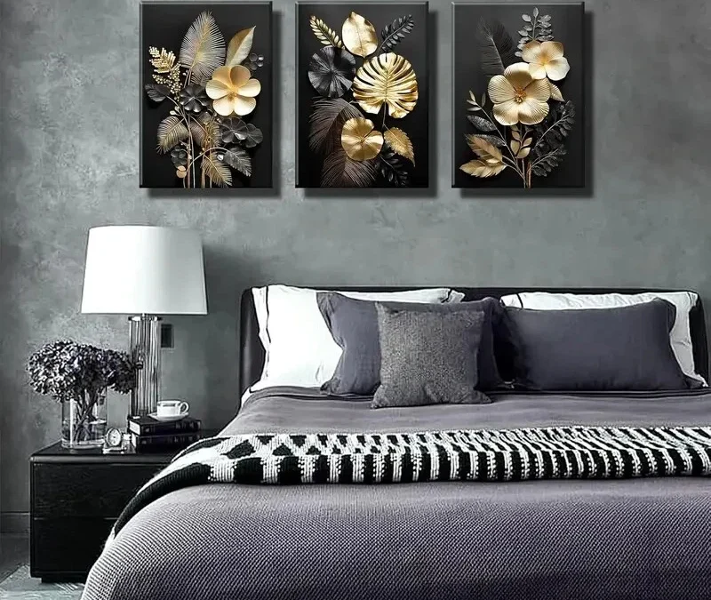 3pcs Set of Black Golden Plant Flowers Wall Art Set Canvas Framed 40x60cm – High Quality Print 100% Australian Made Wall Canvas Ready to Hang