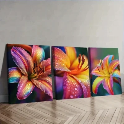 3pcs Rainbow Lilies Wall Art Set Canvas Framed 50x70cm - High Quality Print 100% Australian Made Wall Canvas Ready to Hang