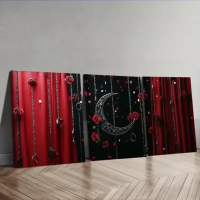 3pcs Black Moon and Red Roses Wall Art Set Canvas Framed 50x70cm - High Quality Print 100% Australian Made Wall Canvas Ready to Hang