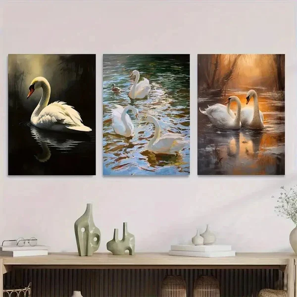 3pcs Swan Lake Painting Classic Style Wall Art Set Canvas Framed 40x60cm – High Quality Print 100% Australian Made Wall Canvas Ready to Hang