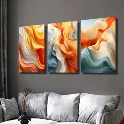3pcs Orange and White Flowing Waves Wall Art Set Canvas Framed 40x60cm - High Quality Print 100% Australian Made Wall Canvas Ready to Hang