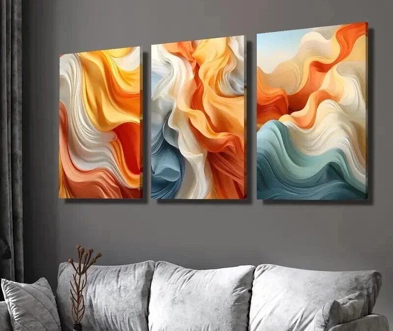 3pcs Orange and White Flowing Waves Wall Art Set Canvas Framed 40x60cm – High Quality Print 100% Australian Made Wall Canvas Ready to Hang