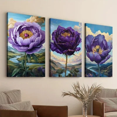 3pcs Abstract Charming Purple Flowers Blue Sky Wall Art Set Canvas Framed 50x70cm - High Quality Print 100% Australian Made Wall Canvas Ready to Hang