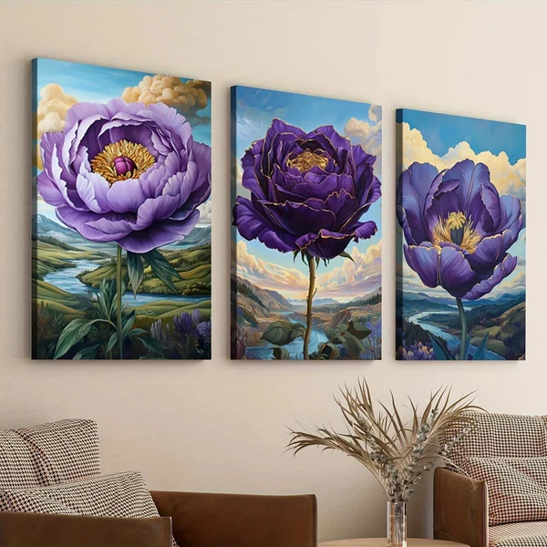 3pcs Abstract Charming Purple Flowers Blue Sky Wall Art Set Canvas Framed 50x70cm – High Quality Print 100% Australian Made Wall Canvas Ready to Hang