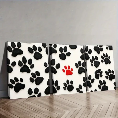 3pcs Black White Dog Paw Prints with Red Accent Wall Art Set Canvas Framed 40x60cm – High Quality Print 100% Australian Made Wall Canvas Ready to Hang
