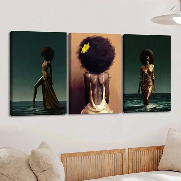 3pcs Fashion Artwork Beach Scenes Black Figures Wall Art Set Canvas Framed 50x70cm – High Quality Print 100% Australian Made Wall Canvas Ready to Hang