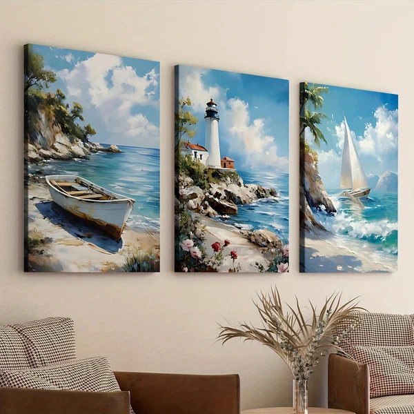 3pcs Beach House Light House Sail Boat Blue Sky Wall Art Set Canvas Framed 50x70cm – High Quality Print 100% Australian Made Wall Canvas Ready to Hang