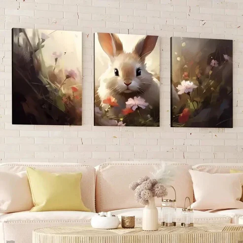 3pcs Abstract Cute Bunny Flowers Brown Rabbit Wall Art Set Canvas Framed 40x60cm – High Quality Print 100% Australian Made Wall Canvas Ready to Hang