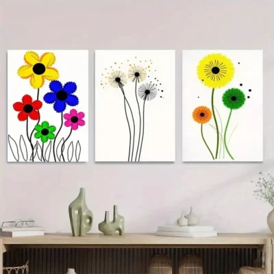 3pcs Vibrant Floral & Dandelion Colorful Flower Wall Art Set Canvas Framed 50x70cm - High Quality Print 100% Australian Made Wall Canvas Ready to Hang