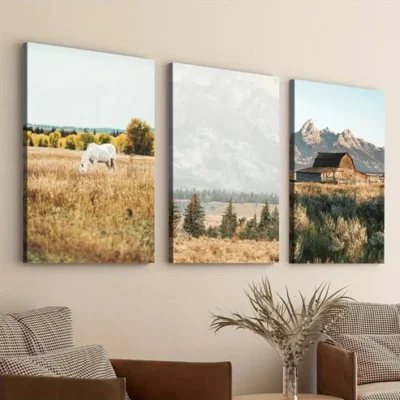 3pcs Farmhouse Large Nature White Horse Mountain Wall Art Set Canvas Framed 50x70cm - High Quality Print 100% Australian Made Wall Canvas Ready to Hang