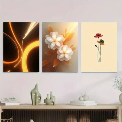 3pcs Modern Floral Elegant White Flowers Wall Art Set Canvas Framed 50x70cm - High Quality Print 100% Australian Made Wall Canvas Ready to Hang