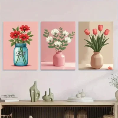 3pcs Realistic Flower Vase Blue, Pink, And Beige Wall Art Set Canvas Framed 50x70cm - High Quality Print 100% Australian Made Wall Canvas Ready to Hang