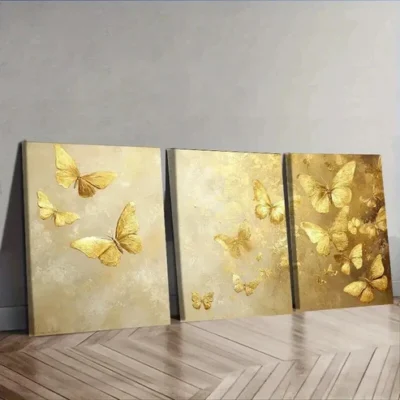 3pcs Butterfly oil painting in gold leaf Wall Art Set Canvas Framed 50x70cm - High Quality Print 100% Australian Made Wall Canvas Ready to Hang