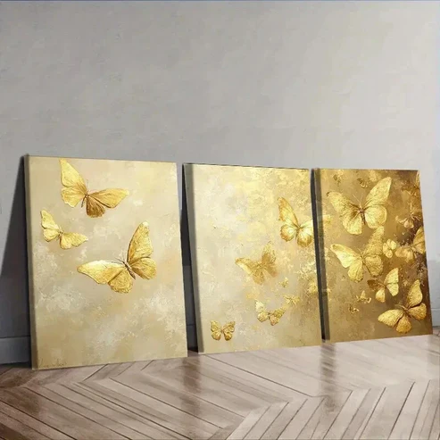 3pcs Butterfly oil painting in gold leaf Wall Art Set Canvas Framed 50x70cm – High Quality Print 100% Australian Made Wall Canvas Ready to Hang