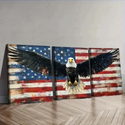 3pcs Majestic Eagle & American Flag Design Wall Art Set Canvas Framed 50x70cm - High Quality Print 100% Australian Made Wall Canvas Ready to Hang