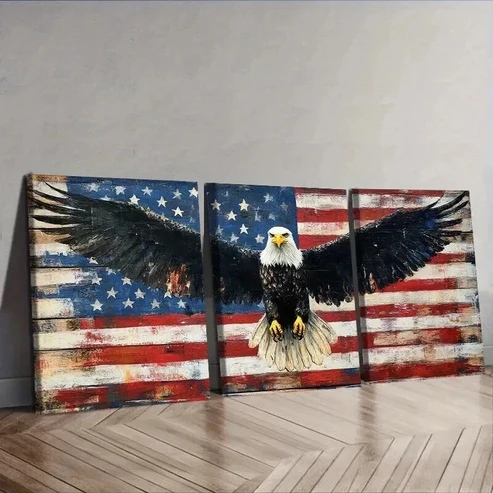 3pcs Majestic Eagle & American Flag Design Wall Art Set Canvas Framed 50x70cm – High Quality Print 100% Australian Made Wall Canvas Ready to Hang