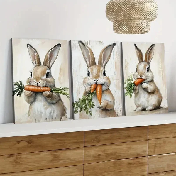 3pcs Cute Rabbit Orange Carrot Green Leaves Wall Art Set Canvas Framed 50x70cm – High Quality Print 100% Australian Made Wall Canvas Ready to Hang