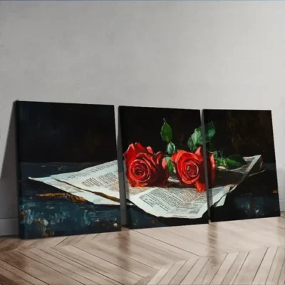 3pcs Red roses from the newspaper Wall Art Set Canvas Framed 40x60cm - High Quality Print 100% Australian Made Wall Canvas Ready to Hang