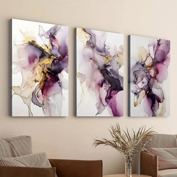 3pcs Marble Golden Foil Purple Modern Elegant Wall Art Set Canvas Framed 50x70cm – High Quality Print 100% Australian Made Wall Canvas Ready to Hang