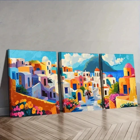3pcs Greek island style town Wall Art Set Canvas Framed 50x70cm – High Quality Print 100% Australian Made Wall Canvas Ready to Hang