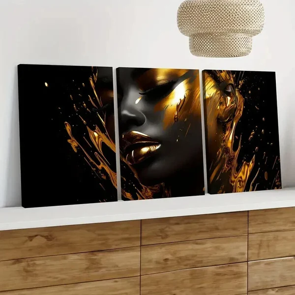 3pcs Modern Art Beautiful Golden Lips and Eyes Wall Art Set Canvas Framed 50x70cm – High Quality Print 100% Australian Made Wall Canvas Ready to Hang