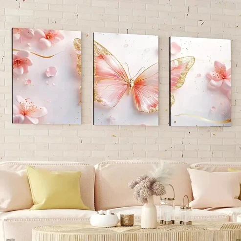 3pcs Abstract Geometric Pink & Golden Butterfly Wall Art Set Canvas Framed 50x70cm – High Quality Print 100% Australian Made Wall Canvas Ready to Hang