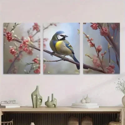 3pcs Charming Bird paintings Blossom Wall Art Set Canvas Framed 50x70cm - High Quality Print 100% Australian Made Wall Canvas Ready to Hang