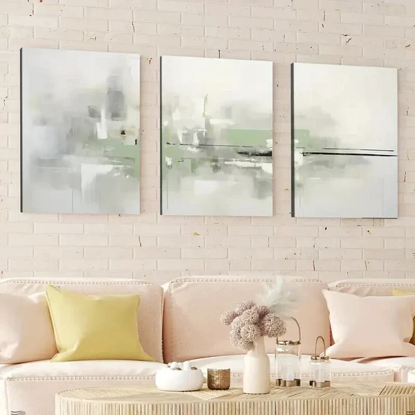 3pcs Abstract Geometric Green and Gray White Wall Art Set Canvas Framed 40x60cm – High Quality Print 100% Australian Made Wall Canvas Ready to Hang