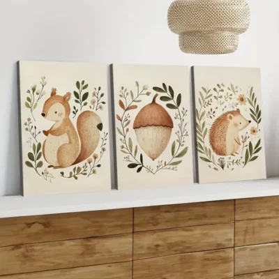 3pcs Squirrel Hedgehog Acorn Green Leaves Tail Wall Art Set Canvas Framed 50x70cm - High Quality Print 100% Australian Made Wall Canvas Ready to Hang