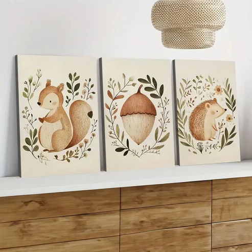 3pcs Squirrel Hedgehog Acorn Green Leaves Tail Wall Art Set Canvas Framed 40x60cm – High Quality Print 100% Australian Made Wall Canvas Ready to Hang