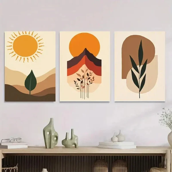 3pcs Modern Abstract Boho Sun, Mountains Wall Art Set Canvas Framed 50x70cm – High Quality Print 100% Australian Made Wall Canvas Ready to Hang