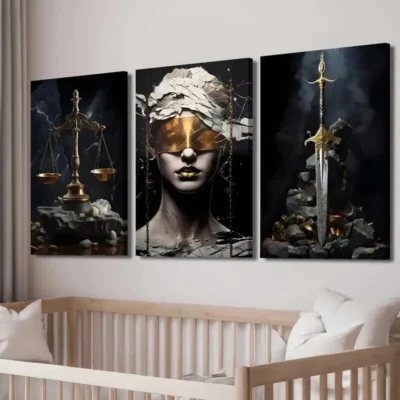 3pcs Scales of Justice & Golden Sword Wall Art Set Canvas Framed 50x70cm - High Quality Print 100% Australian Made Wall Canvas Ready to Hang