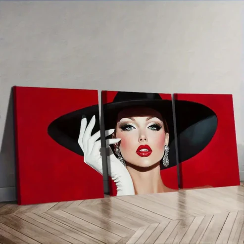 3pcs Fashionable woman in black hat Wall Art Set Canvas Framed 40x60cm – High Quality Print 100% Australian Made Wall Canvas Ready to Hang