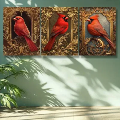 3pcs Red bird. Art Painting Wall Art Set Canvas Framed 40x60cm - High Quality Print 100% Australian Made Wall Canvas Ready to Hang