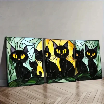 3pcs Black Cats Family Wall Art Set Canvas Framed 50x70cm - High Quality Print 100% Australian Made Wall Canvas Ready to Hang