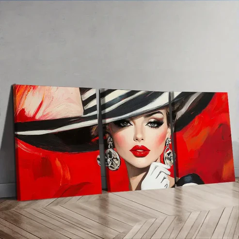 3pcs Fashionable woman in black hat Wall Art Set Canvas Framed 40x60cm – High Quality Print 100% Australian Made Wall Canvas Ready to Hang