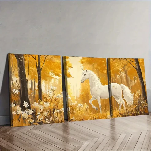 3pcs A White Unicorn in an Enchanted Forest Wall Art Set Canvas Framed 40x60cm – High Quality Print 100% Australian Made Wall Canvas Ready to Hang