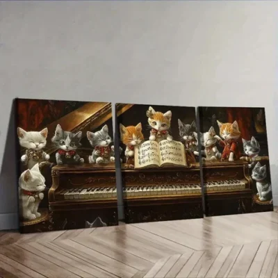 3pcs The cat on the piano Wall Art Set Canvas Framed 50x70cm - High Quality Print 100% Australian Made Wall Canvas Ready to Hang
