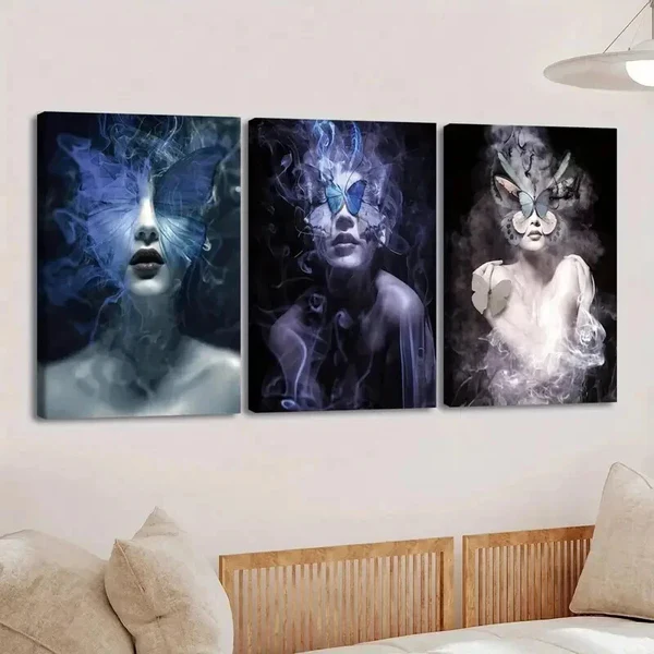 3pcs Abstract Figure Blue Butterfly Black White Wall Art Set Canvas Framed 50x70cm – High Quality Print 100% Australian Made Wall Canvas Ready to Hang