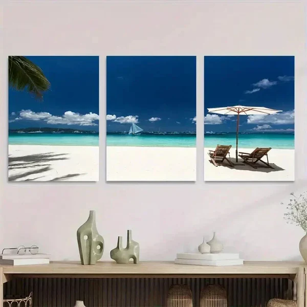 3pcs Beach Paradise Ocean Classic Modern Wall Art Set Canvas Framed 50x70cm – High Quality Print 100% Australian Made Wall Canvas Ready to Hang