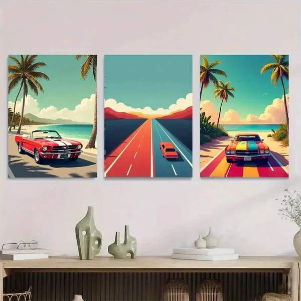 3pcs Vintage Car Coastal Road Beach Palm Trees Wall Art Set Canvas Framed 50x70cm – High Quality Print 100% Australian Made Wall Canvas Ready to Hang