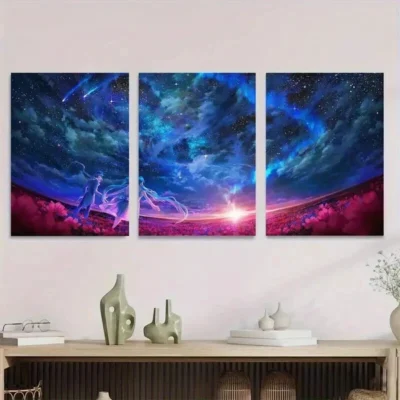 3pcs Starry Night Sky Vibrant Cosmic Scene Wall Art Set Canvas Framed 50x70cm - High Quality Print 100% Australian Made Wall Canvas Ready to Hang