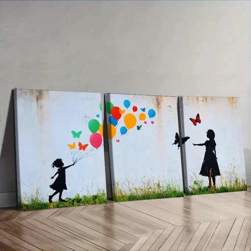 3pcs Little girl and butterfly balloon Wall Art Set Canvas Framed 40x60cm – High Quality Print 100% Australian Made Wall Canvas Ready to Hang