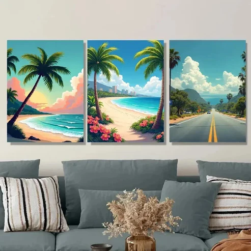 3pcs Tropical Beach Sunset Vibrant Coastal Wall Art Set Canvas Framed 50x70cm – High Quality Print 100% Australian Made Wall Canvas Ready to Hang
