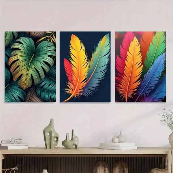 3pcs Colorful Feather and Tropical Leaf Wall Art Set Canvas Framed 50x70cm – High Quality Print 100% Australian Made Wall Canvas Ready to Hang