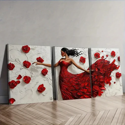 3pcs The girl dancing in the red dress Wall Art Set Canvas Framed 40x60cm – High Quality Print 100% Australian Made Wall Canvas Ready to Hang