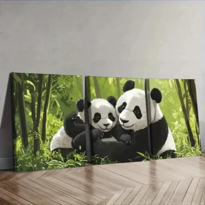 3pcs Cute panda family Wall Art Set Canvas Framed 50x70cm - High Quality Print 100% Australian Made Wall Canvas Ready to Hang